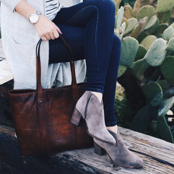Frye Nora Chestnut/Tan Leather Suede Zip Heeled Fall/Winter/Spring Ankle Booties - Picture 6 of 16